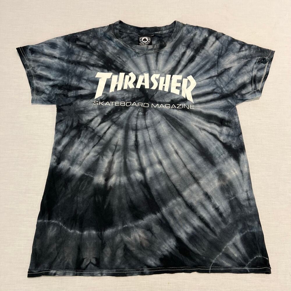 Thrasher Skateboard Magazine T Shirt Tie Dye Black Gray Spiral Logo Sz M